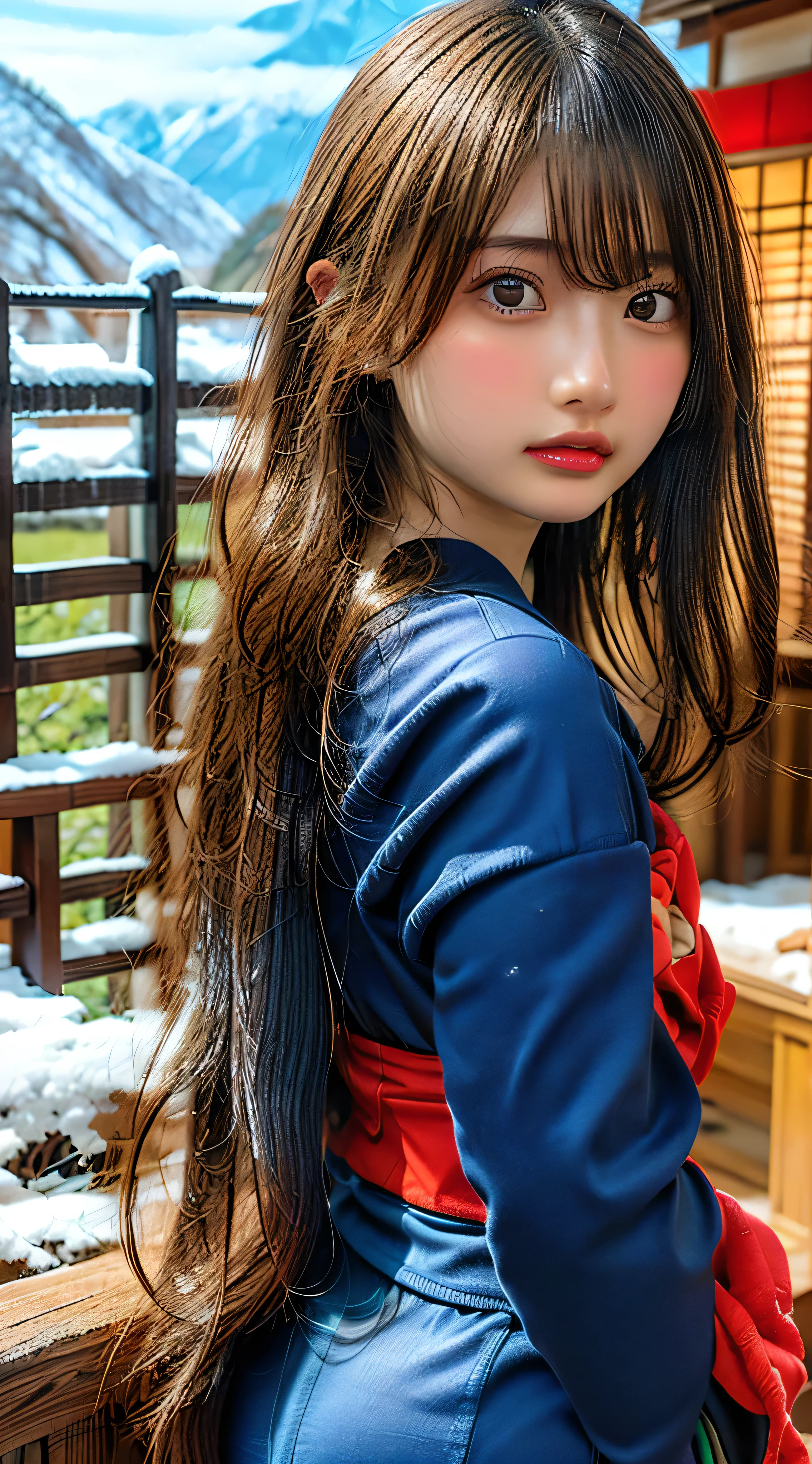 8k, Absurd, 4K, High resolution, ultra detailed, 最high quality, insanely detailed, masterpiece, beautiful, high quality, detailed, hyper detailed, Exquisite, girl, smile, Are standing, View your viewers, Look at the man I love, (Recall:1.3), Long Hair, Straight hair, Brown Hair, puppet, Droopy eyes, Glowing Skin, detailed skin, detailed face, glamorous, Sensual, Curvy, beautiful ass, beautiful breasts, (Idol, kimono:1.3), Curvy, Japanese Idol, Cute Face, teenager, Japanese, At the hot spring, At dusk, (with snow:1.3), RAW Photos, Realistic, Ultra-realistic photos, Portrait Photography, Cowboy Shot, from the front, Dynamic Angle, sharpen, Golden Hour, Cinema Lighting, Depth of written boundary, Look Back