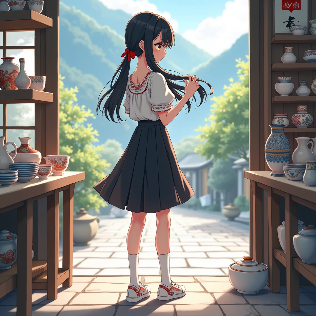 Anime Style, Realistic Background, Beautiful views,
A girl with her hands on her thighs looking at ceramics,
She is wearing a cute white decorated blouse with short sleeves and no buttons., mid black flare skirt, no school uniform, no pleated skirt,
Wearing white knee-high socks, Wearing sneakers. bag,
Her hair style is low twin tails, with red ribbons, very long length and black, low pigtails.
Not high twin tails.
trip, Japanese ceramics, Mino ware, dish, Bowl, Cup, shop, indoor, Japan, Glass door, street,
Daytime, from side, Focus on the face, Mid Shot.