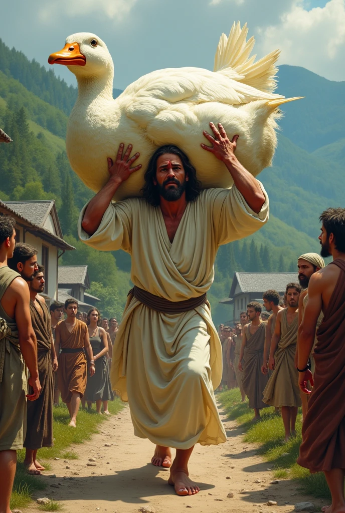 Real Jesus Christ struggling to carry a huge Giant duck on his shoulder while climbing a dirt road in a mountainous village. The scene shows villagers watching him with curiosity and concern as he appears to be crying. The setting is a rustic village with traditional houses and green hills in the background."and he is crying. Water fals in his eays