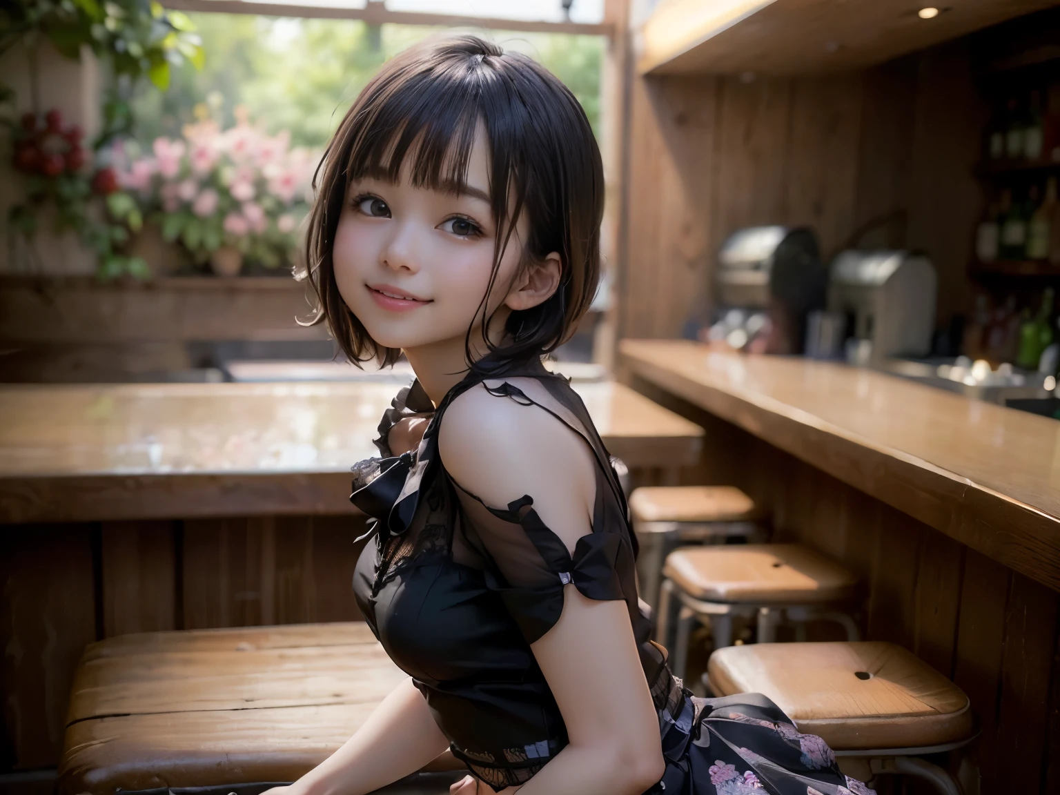 (Highest quality, masterpiece, Ultra-high resolution, 8k, RAW Photos, Realistic, Anatomically correct:1.5), 20-year-old girl:1.2, Embarrassing, avert your eyes, blush:1.0, View Viewer, ((bar)) 、Large windows、Night view、 Light:1.2, Bokeh, Cinema Lighting:1.0, Depth of written boundary, sharp、 Cute Face、Idol、(Black short sleeve lace top)、(Black tulle skirt)、(Black clothing)、(Floral clothes)、”dwarf”、(Full Body Shot)、(Side angle)、Cowboy Shot、( smile)、((Ultra short hair、Berry Short))、(Straight bangs)、((See-through))、(( One woman))、look back、I can see your belly button