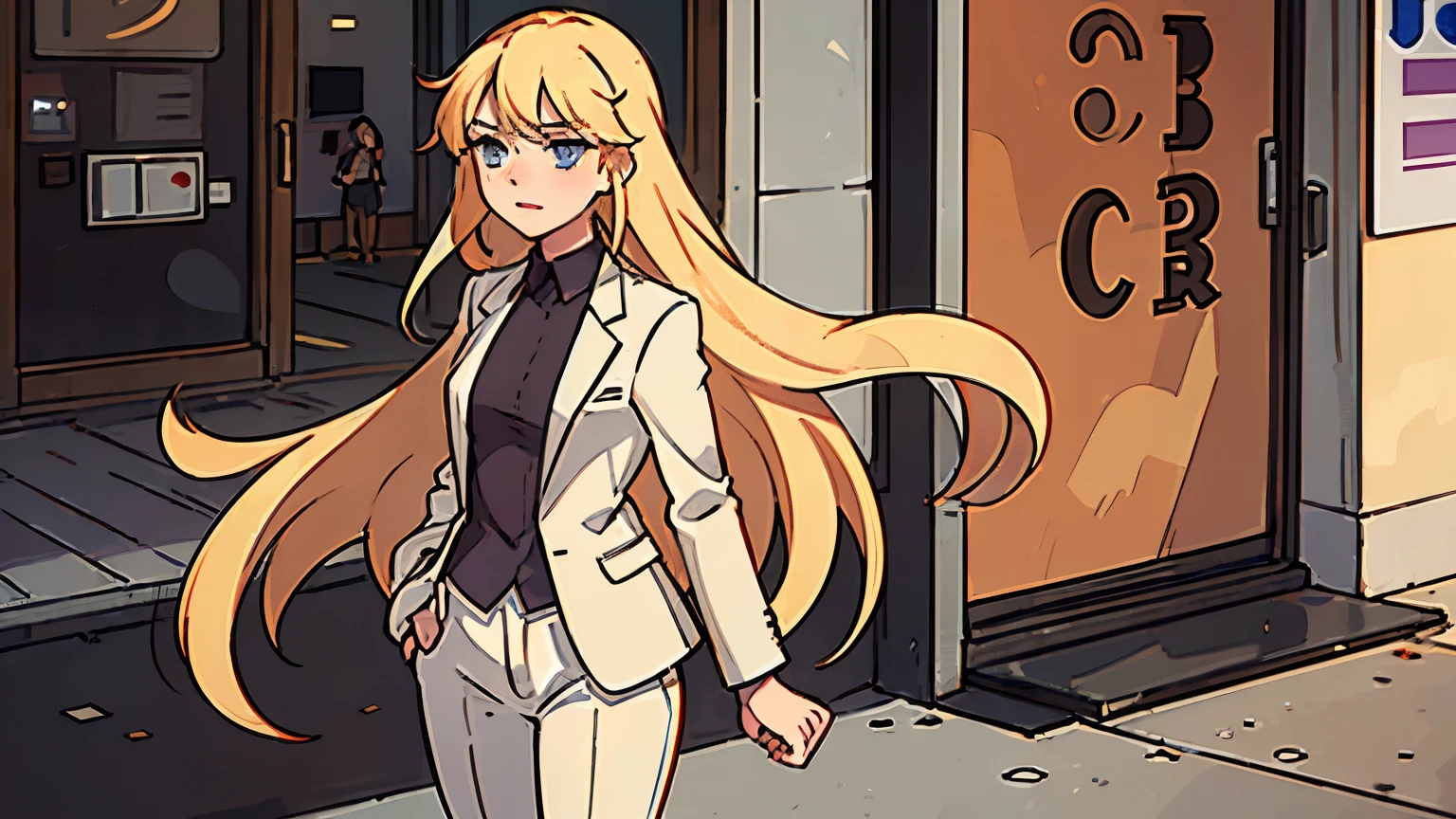 pretty long hair blonde woman wearing pantsuit on street in a little city