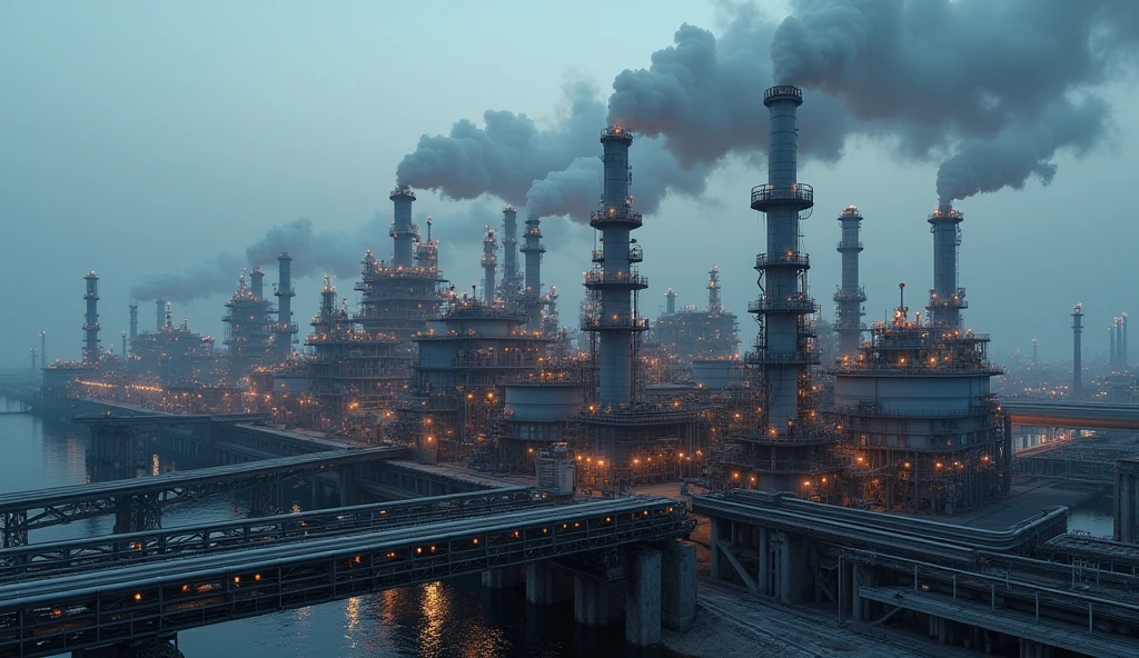 photorealistic oil refinery, large industrial plant, massive storage tanks, pipelines, steam plumes, grey sky, industrial landscape, complex machinery, metallic structures, gantry cranes, glowing lights at night, reflections in water, realistic textures, cinematic composition, dramatic lighting, muted color palette, (best quality,4k,8k,highres,masterpiece:1.2),ultra-detailed,(realistic,photorealistic,photo-realistic:1.37),cinematic composition,dramatic lighting,muted color palette