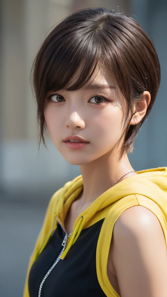 masterpiece, Highest quality, Very detailed, 8k, Realistic, One Girl, alone, Tomboy, Very detailed face, (head shot:1.5), Upper Body, Light brown pixie cut hair, She is wearing a short black tank top and an open-zipped yellow hoodie., Emphasise that you're not wearing a bra、Reaching into the pocket of a hoodie