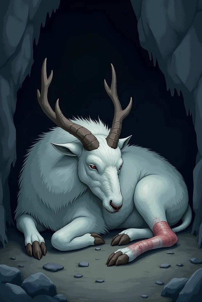 white fur creature, shaped like goat, big body, have deer's antler, sleeping on ground, inside dark cave, 2d style, night time, wounded at leg