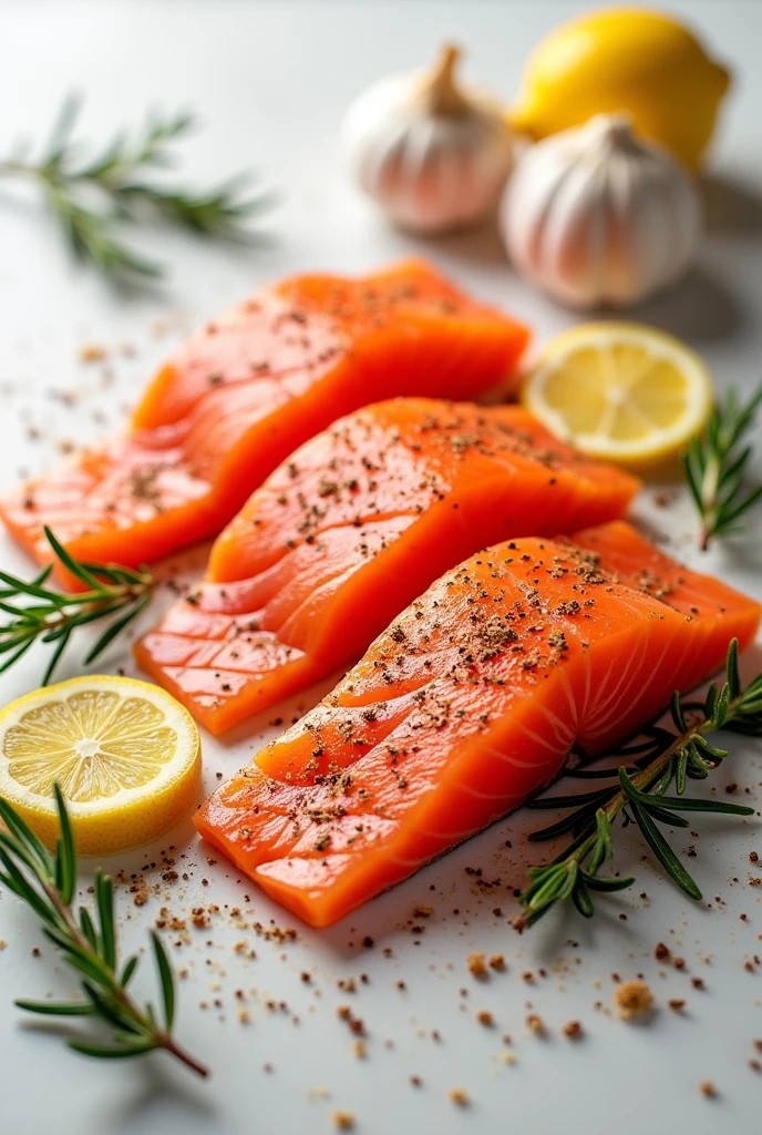 raw salmon fillets with garlic, lemon, rosemary and spices, advertising photos, canon ef 100mm f28l macro is usm lens