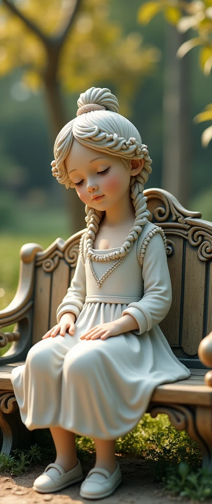 a beautiful ceramic sculpture of a young girl sitting on a bench in a peaceful park, intricate details, delicate textures, warm lighting, vibrant colors, photorealistic, masterpiece, 8k