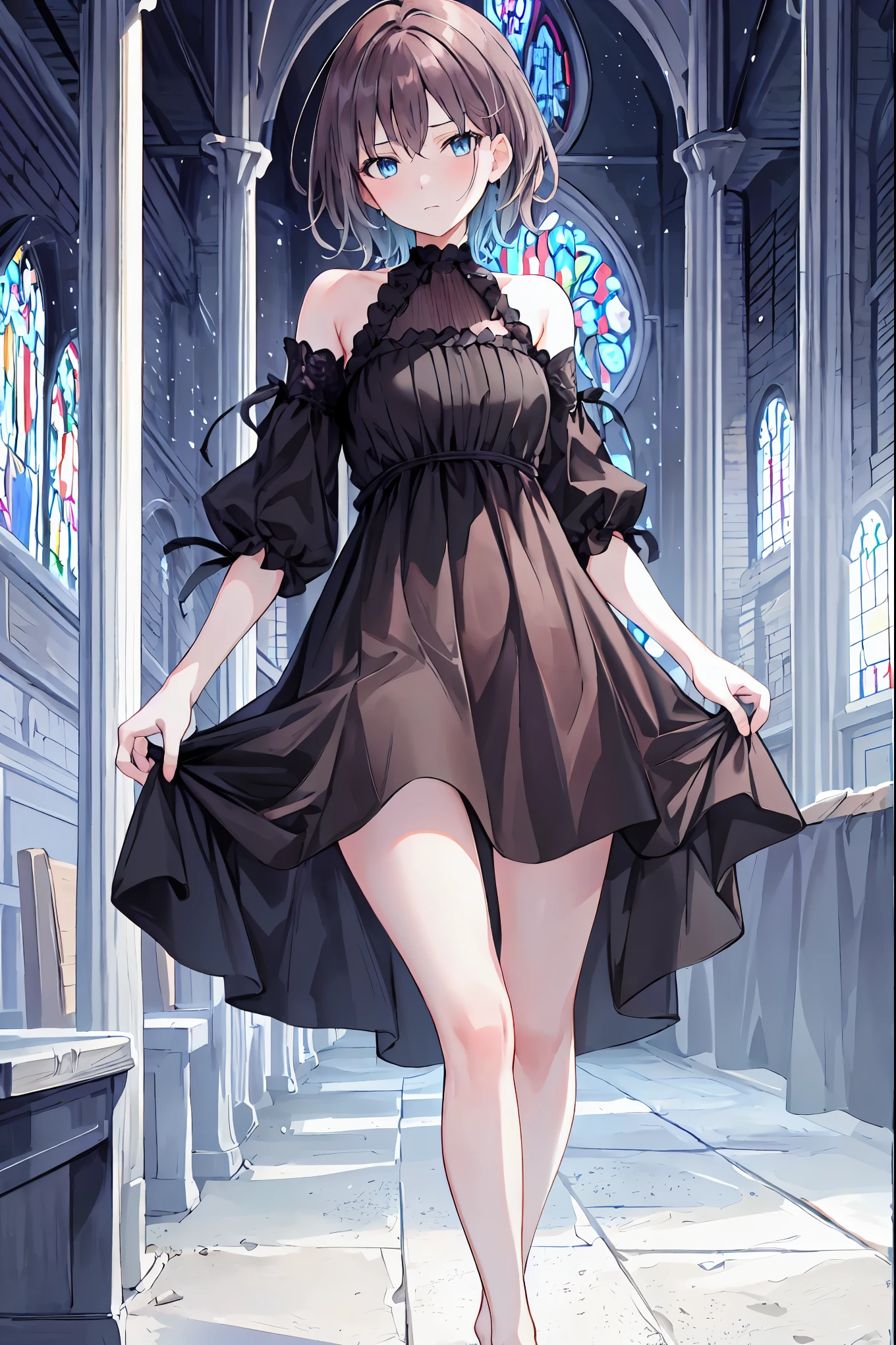 Brown Hair，Shortcuts，Messy Hair，Slender beauty，A dignified posture，Small chest，Beautiful feet，Her captivating grey-blue eyes shine like stars，(Flat Color:1.1),(masterpiece:1.2), original, Medium Length，Mature girl in a modern dress，Anime girl in a black dress standing in front of a table，church，Stained glass，break (masterpiece:1.2), Highest quality, High resolution, unity 8k wallpaper, (shape:0.8), (Beautiful attention to detail:1.6), Highly detailed face, Perfect lighting, Extremely detailed CG, (Perfect hands, Perfect Anatomy),