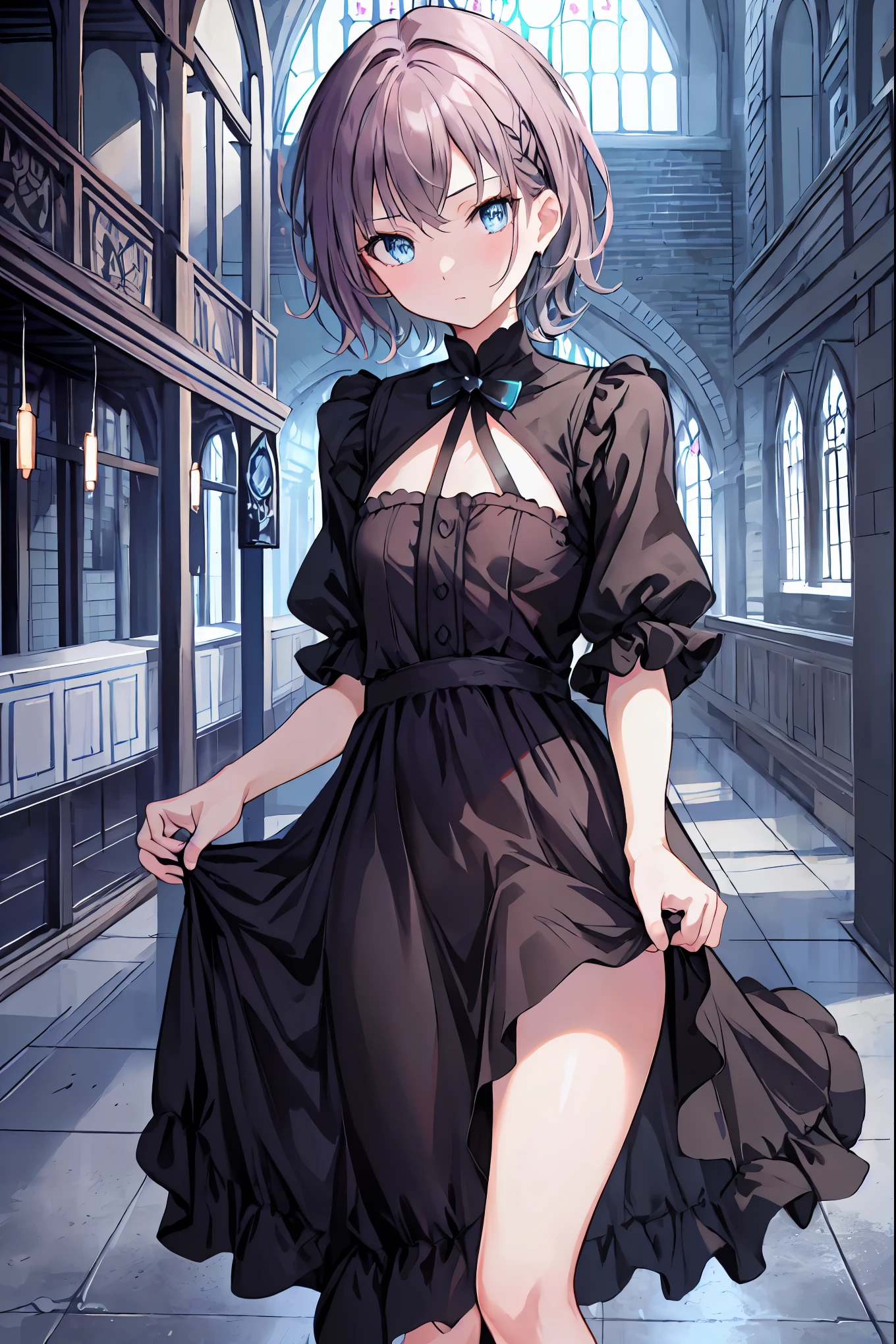 Brown Hair,Shortcuts,Messy Hair,Slender beauty,A dignified posture,Small chest,Beautiful feet,Her captivating grey-blue eyes shine like stars,(Flat Color:1.1),(masterpiece:1.2), original, Medium Length,Mature girl in a modern dress,Anime girl in a black dress standing in front of a table,church,Stained glass,break (masterpiece:1.2), Highest quality, High resolution, unity 8k wallpaper, (shape:0.8), (Beautiful attention to detail:1.6), Highly detailed face, Perfect lighting, Extremely detailed CG, (Perfect hands, Perfect Anatomy),