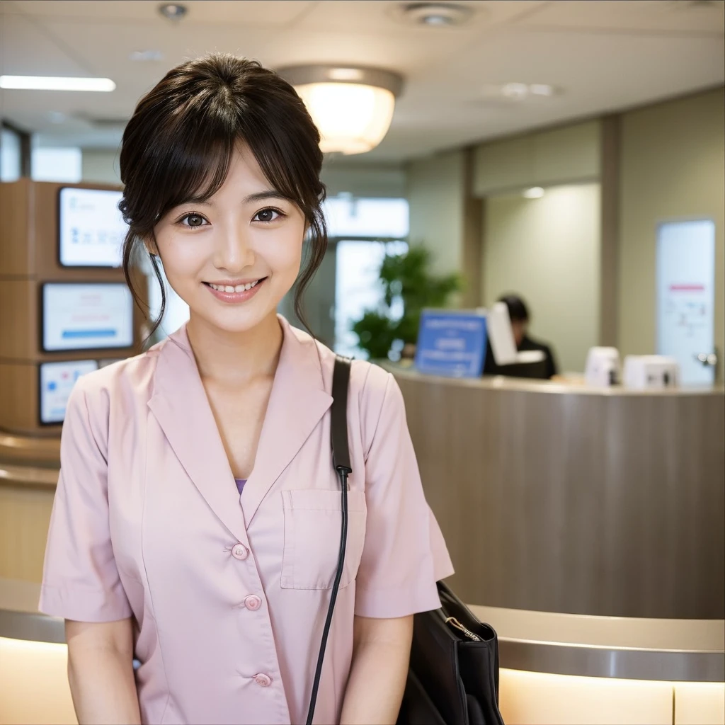Portrait of a Japanese nurse in her 30s. slight asymmetry,natural smile,,She has shoulder-length silky black hair tied back, almond-shaped brown eyes with long eyelashes, a small button nose, and soft pink lips. She is wearing white scrubs and standing in front of a hospital reception desk.