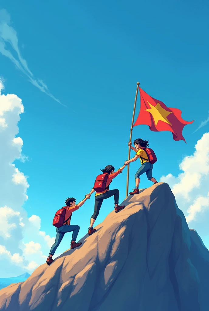 I needed 3 figures of young people holding each other's hands and climbing to the top. There should be a flag on top of the peak, a wind symbol on the flag and a blue background. 