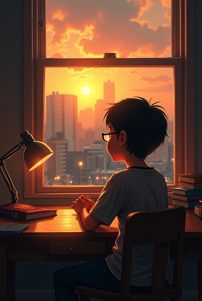 Thers is a boy sitting on a chair beside window, he live at the top floor of his building. There is e desk and a table beside the window,the boy folds his hands on the table, some books and a little lamp are here on the table,,A prism is on the table. It is the last moment of today's Afternoon, there is cloudy purple sky. The sun is about to set. the orange light of the sun goes through the prism and goes out on the other side of the prism with rainbow colour,
The boy wearing a glass, Sunlight reflects his glass. The sunlight is also reflects his desk and table he is seeing outside the window, there are seen some buildings outside the window and some young boys are playing.
The boy also seeing a road which has some lampposts with sodium-vapor light.