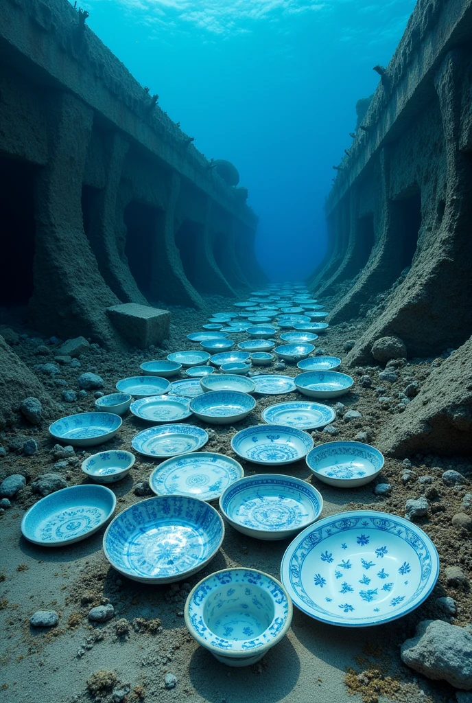 Many blue and white porcelain ceramic plates，scattering，Irregular sinking to the seafloor，Silt Cover，A lot of damage，Shipwreck under the sea，Coral Reef，Clownfish，Undersea fish，Lots of details，Professional photos, best quality，Sleeping Photography Master，masterpiece