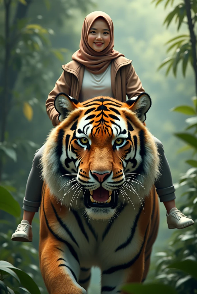 1 beautiful Korean muslim adult hijab woman,berjilbab,senyum.wear a t-shirt,jaket fashion hijab.dan celana panjang.white shoes. riding a giant tiger in the jungle, very big tiger, tampak depan, facial details.