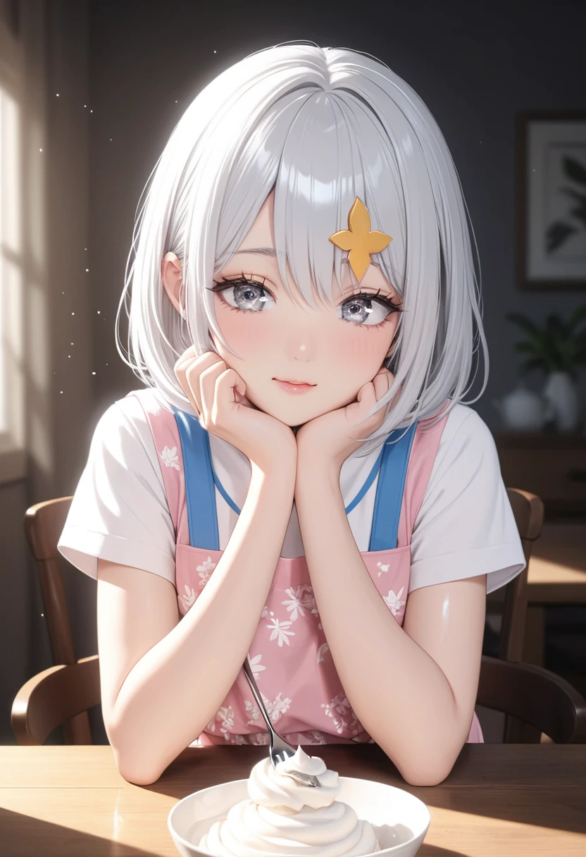 masterpiece, glowing particles, ambient lights, cute, full body detailed, 32K, high details, perfect lighting, perfect anatomy, soft light, BREAK ((shiny silver hair)), bob cut, bang between eyes, beautiful hair), (glossy silver eyes:1.5), (beautiful eyes, twinkle eyes, large eyes, close eyes), BREAK (athlete body), cute face, beautiful face, pretty face, beautiful, best quality, good anatomy, long eyelashes, expressive eyes, Perfect Hands, BREAK 1girl, pink botanical print apron, white shirt, short sleeves, afternoon, dining room, she is trying to make a meringue by whisking the egg whites in a bowl,