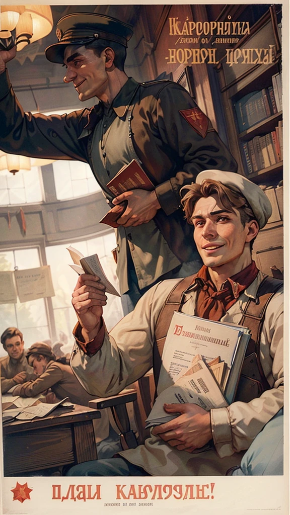 (best quality:1.2), Man holding up a book，The cover has the words &quot;Das Kapital&quot;，Wide-angle lens，Smile, Profile,Dynamic Angle， Soviet Union, poster,  8k，masterpiece，