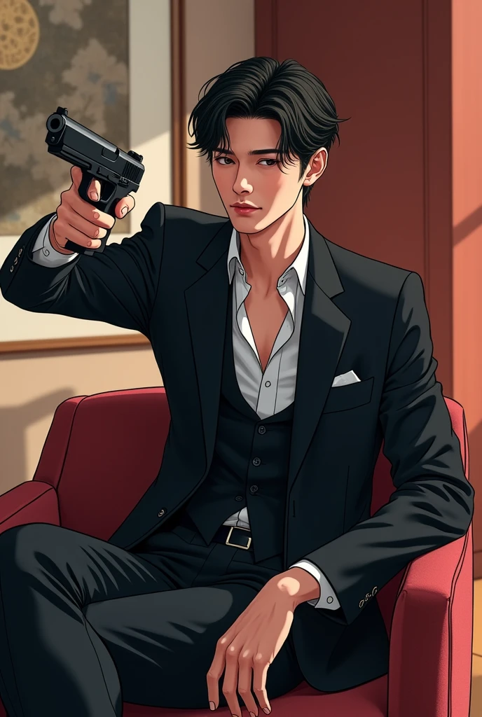 Sexy white korean animated man with a gun in his hand sittting in the chair with pose and wearning black suit in his beautiful house