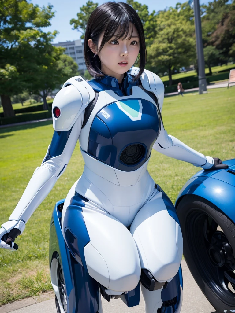 Japanese female android,Black Hair,White and blue robot suit,Plump,Doing exercises in the park,