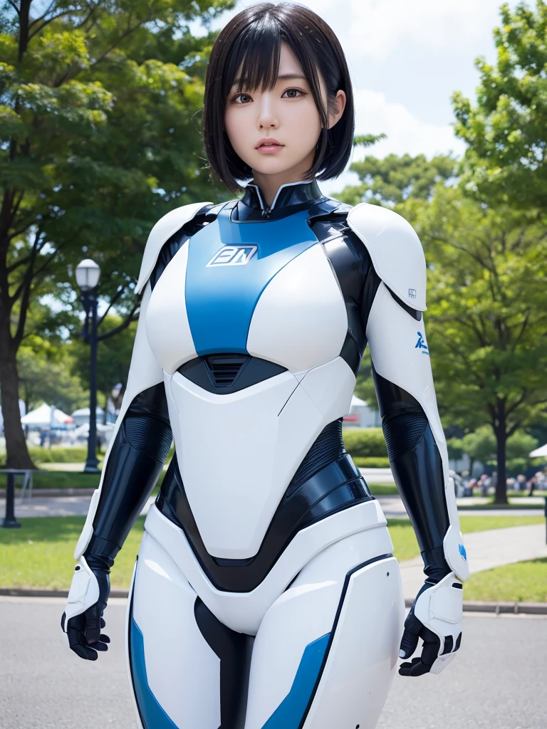 Japanese female android,Black Hair,White and blue robot suit,Plump,Doing exercises in the park,