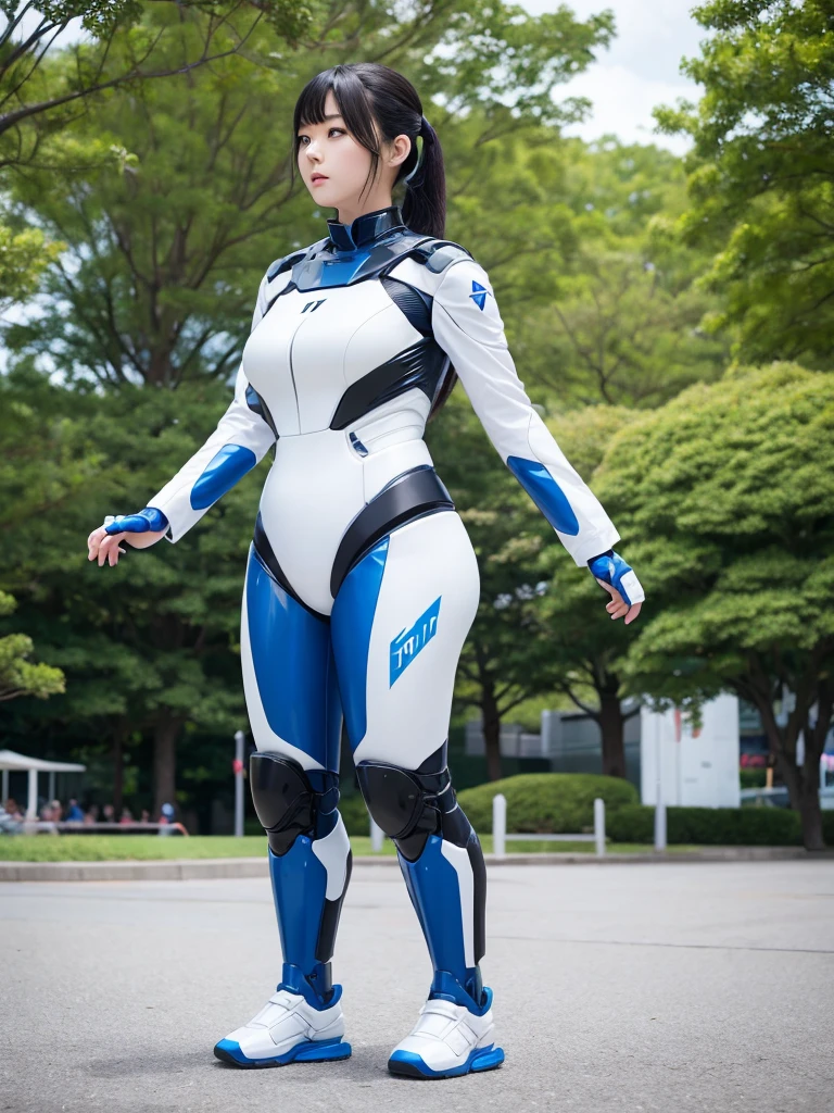 Japanese female android,Black Hair,White and blue robot suit,Plump,Doing exercises in the park,
