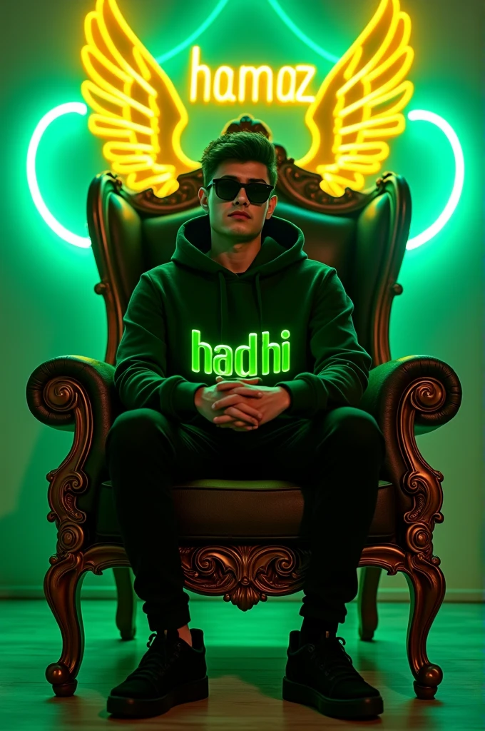 The image shows a stylish young man sitting confidently on an ornate, vintage armchair. He is dressed in a dark green hoodie with the word "HADHI" prominently displayed on the front in bright neon green letters. He is wearing black sunglasses, black pants, and matching black sneakers, giving off a cool, laid-back vibe. Behind him is a striking neon sign that mirrors the color scheme of his outfit, featuring a pair of large, wing-like designs flanking the word "HAMAZ" in bold letters. The neon sign's vibrant green and yellow lights create a glowing, modern backdrop, contrasting with the classical style of the chair, highlighting the blend of contemporary and vintage aesthetics in the scene.