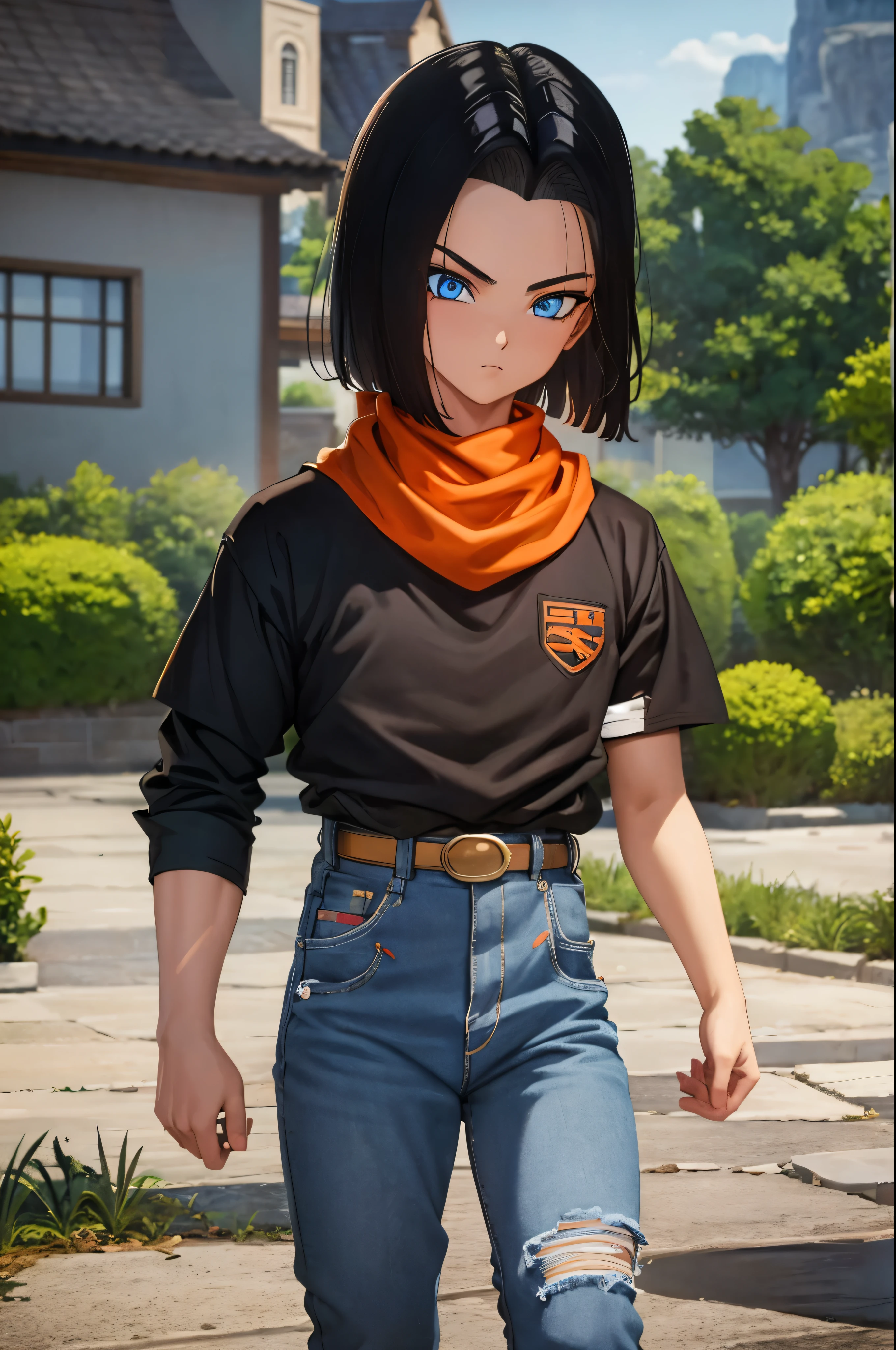 A masterpiece, best quality, detailed and expressive eyes, perfect facial features, high resolution, 1 boy, alone, android 17-inspired boy, (male body:1.3), blue eyes, black hair, parted hair, short hair, black shirt, jeans, layered shirt, white sleeves, orange bandana, blue sneakers, green socks, brown belt, red freckles, outdoor, landscape, standing, portrait, looking at viewer