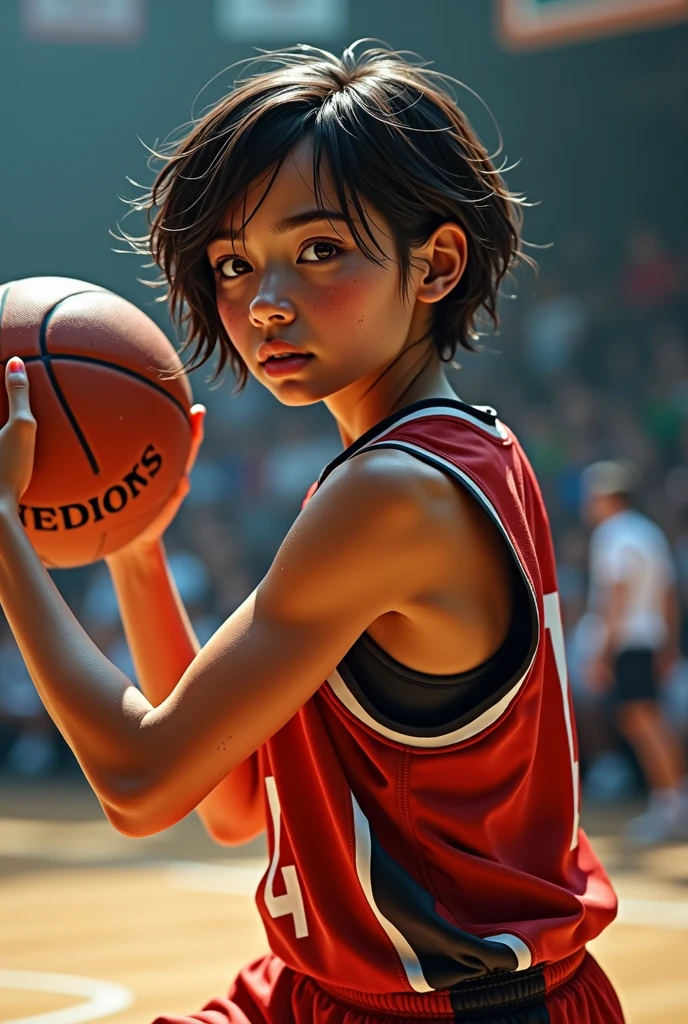 basketball、Number 14、The uniform is stylish black.、A lively girl、Short Hair、Sweat、energy、cool、Real、4K、Dashing、Back view shooting scene、(Highest quality,8k,High resolution,Masseter muscle area:1.2),Very detailed,Realistic:1.37,Portraiture,Dynamic Angle,sporty,Attractive face,Detailed beauty face,非常にRealな肌,Wet Skin,Tight waist,Beautiful legs ,sporty,basketballットボール会場 ,Cinema Lighting,