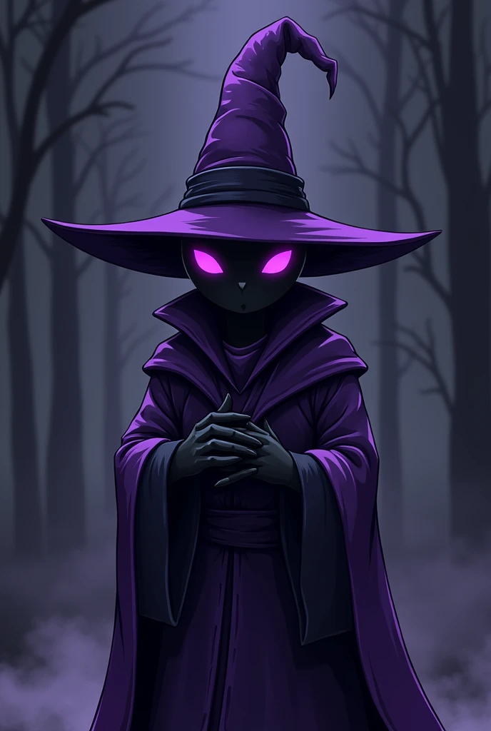Black mage, No Mouth, Completely pitch black skin, Purple blank eyes, Purple and Black Attire, Male, Black Mage, Cartoony, Wizard Hat, No Nose,