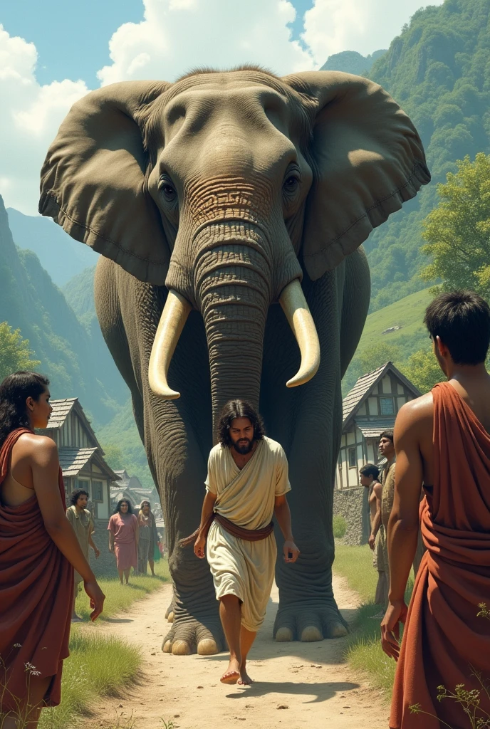 Real Jesus Christ struggling to carry a huge Giant  Elifant on his shoulder while climbing a dirt road in a mountainous village. The scene shows villagers watching him with curiosity and concern as he appears to be crying. The setting is a rustic village with traditional houses and green hills in the background."and he is crying. Water fals in his eays