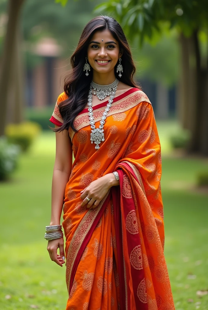 Perfect Indian sexy wife with bandhani saree, HDR, 8k, hyper detailed, best quality, ultra-high resolution, HDR, 8k, walking on the lawn , look at viewer, waist level view, bright smile, wearing platinum ornaments, casual pose , average body with 36 D size breasts,26 hip size and 36 waist size, waist level view, show background