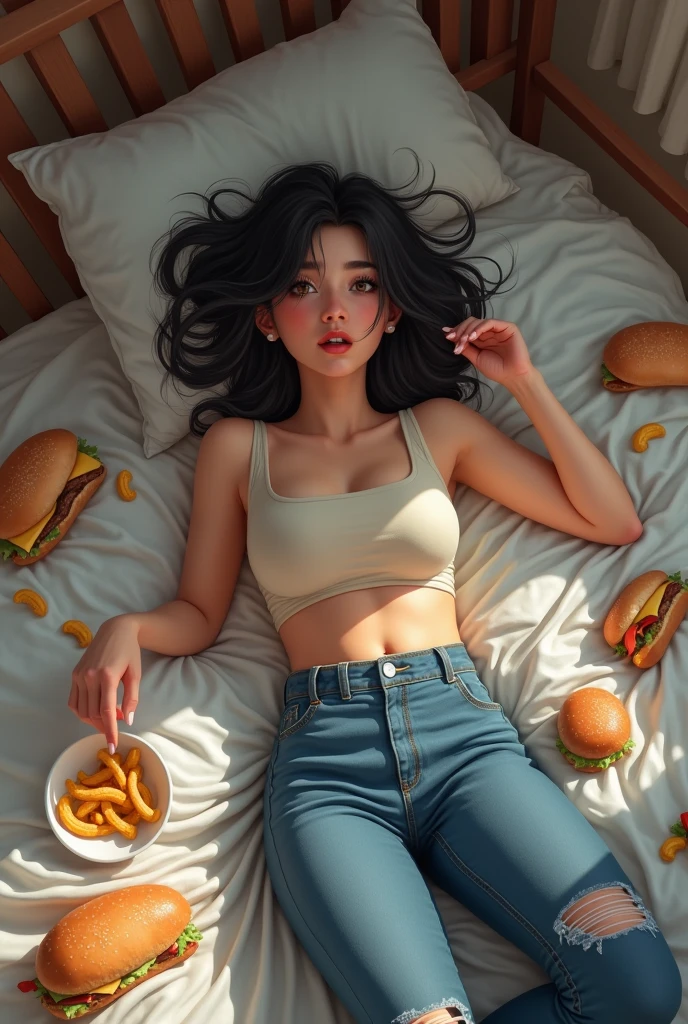 young woman, wearing crop top, zerissene lange jeans, enge Jeans, light skin, brown eyes, Eyes look straight ahead, Eyes are almond-shaped, shoulder long hair, black hair, oily hair, eats fast food, Woman lying on the bed, messy, Woman East 1,60 meters tall, Weight 75 kilograms, soft skin, flabby skin,