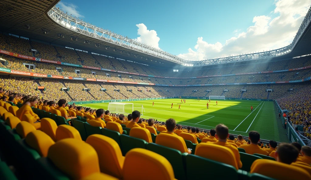 beautiful football stadium bleachers,brazilian football fans,cheering crowd,exciting sports event,dynamic atmosphere,vibrant colors,dramatic lighting,realistic 3d rendering,4k,8k,highres,masterpiece,ultra-detailed,realistic,photorealistic,photo-realistic,HDR,UHD,studio lighting,ultra-fine painting,sharp focus,physically-based rendering,extreme detail description,professional,vivid colors,bokeh,hyper-realistic sports photography