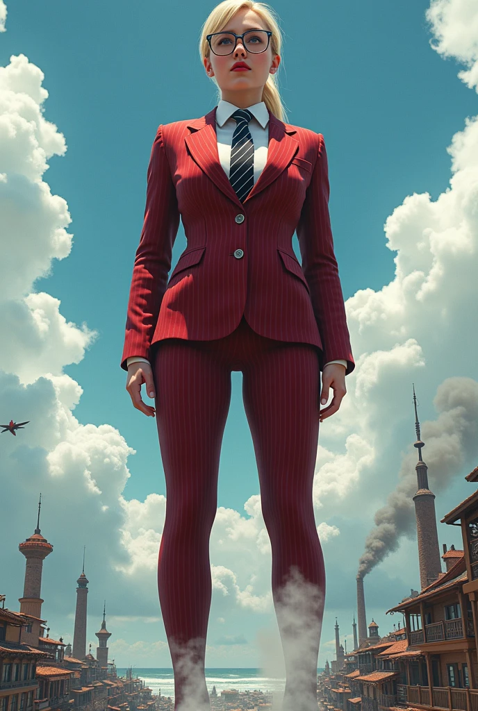 (photorealism:1.2), beautiful schoolgirl a massive curvy blonde ponytail red lips wearing a perfect dark red pinstripe suit with a thick striped black tie large collar large breasts. , standing, giantess art, highly detailed giantess shots, giantess, most detailed, perfect face, Two legs, Five fingers, short hair, A high school girl who is bigger than a skyscraper, Wearing rimless glasses, smile, huge breasts, Red tie, , Steam coming out from the soles of my feet, seaside metropolis, numerous Destroying cities, Under heavy attack, A very small big city, Miniature metropolis, Full body description, GTS, giga giantess, gigagts, stomping city, crash city, tiny city, micro city, , High resolution, highest quality, masterpiece,