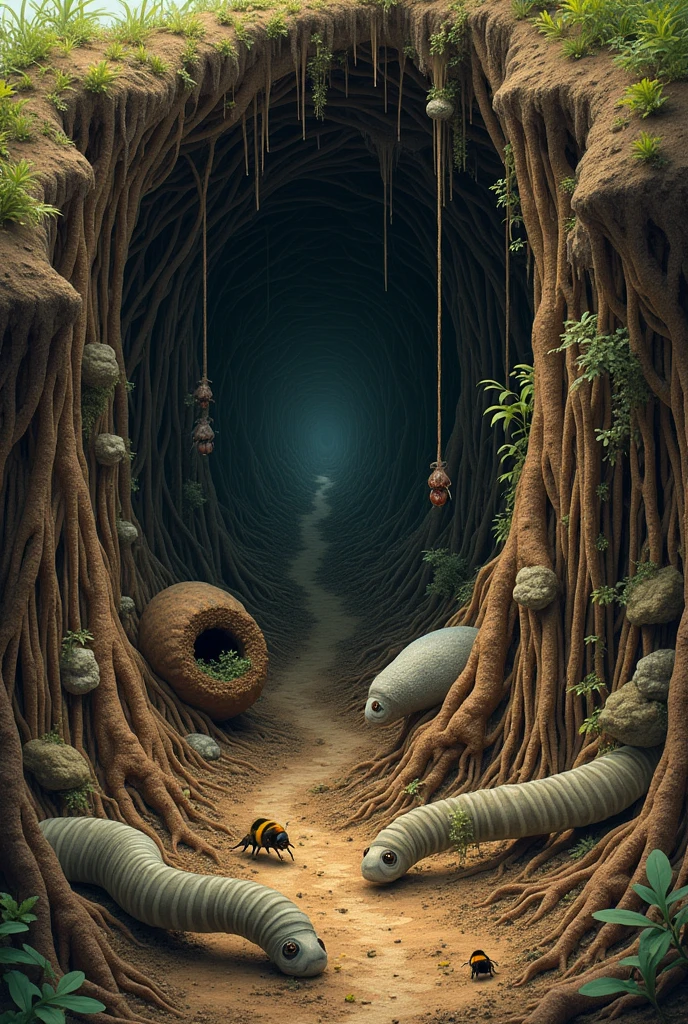 earthworm, mole cricket, worker ants, sverchok, May bug, Bumblebee, bumblebee larvae, bumblebee nest, lizard eggs, a mole, mouse hole, entrance to the anthill, underground anthill.