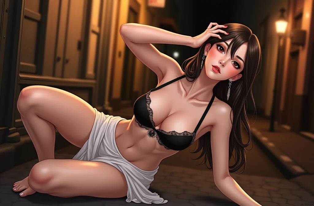(Best quality, High resolution, Masterpiece :1.3), A pretty woman, Slender figure, Dark brown hair, Black bra , white skirt , (Street in city at night), Highly detailed face and skin texture, Detailed eyes, Double eyelid, kneeling on floor, showing armpits, earrings 