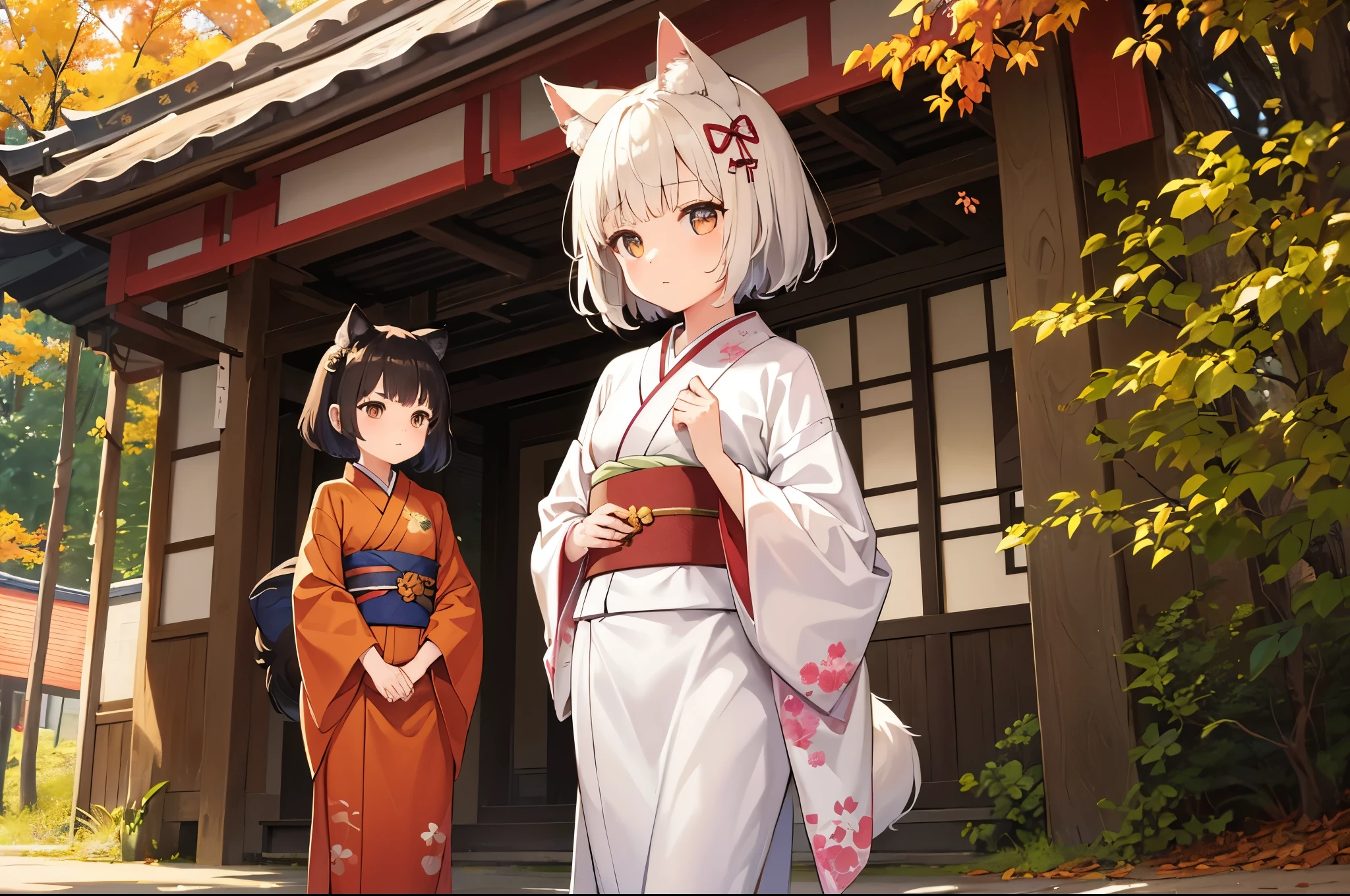 Two very small girls　cute　Background　Inside the Shrine Forest in Autumn　(Two Girls　Wolf ears　Brown short hair　kimono　Hairpin　White shorthair　kimono　Hairpin)　Normal chest　Thin thighs　first round