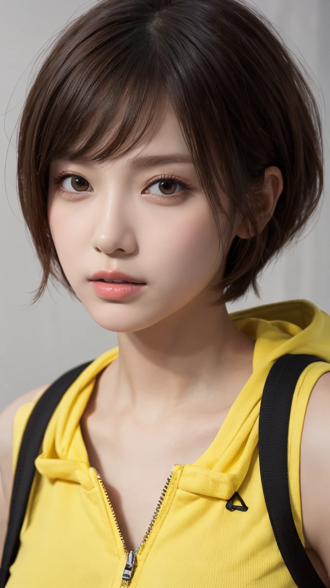 masterpiece, Highest quality, Very detailed, 8k, Realistic, One Girl, alone, Tomboy, Very detailed face, (head shot:1.5), Upper Body, Light brown pixie cut hair, She is wearing a short black tank top and an open-zipped yellow hoodie., Emphasise that you&#39;re not wearing a bra、Reaching into the pocket of a hoodie