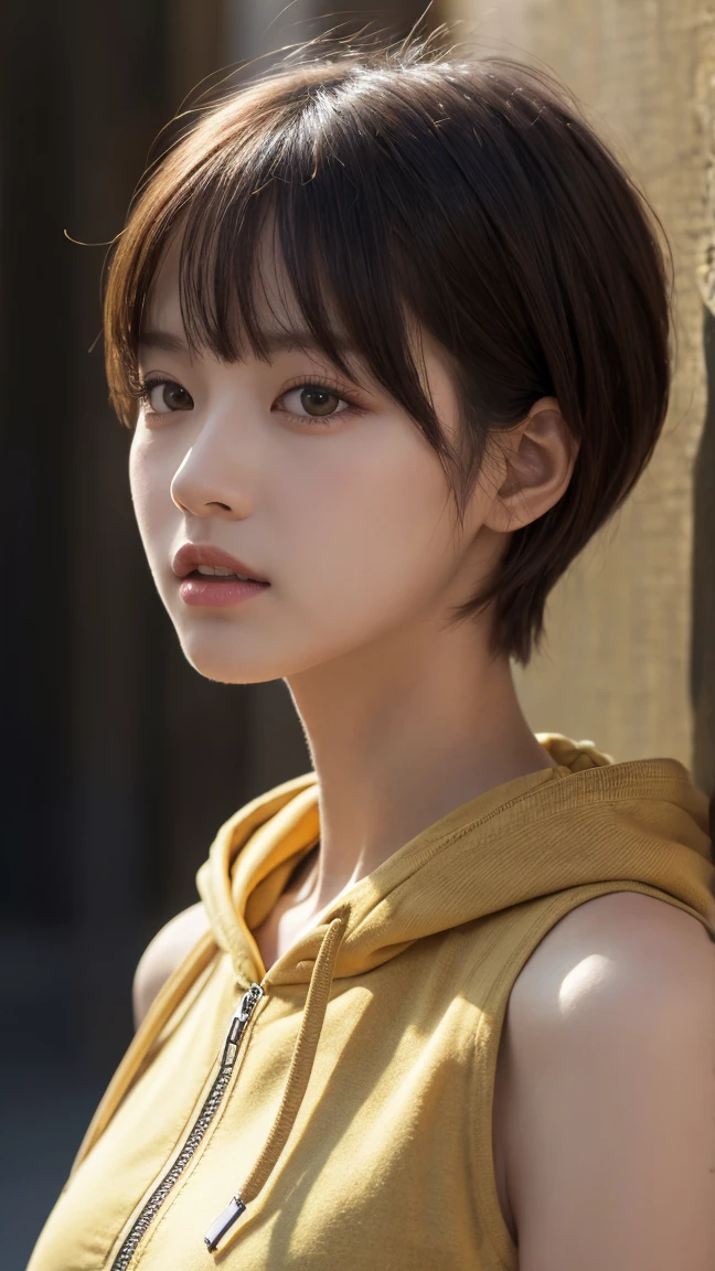 masterpiece, Highest quality, Very detailed, 8k, Realistic, One Girl, alone, Tomboy, Very detailed face, (head shot:1.5), Upper Body, Light brown pixie cut hair, She is wearing a short black tank top and an open-zipped yellow hoodie., Emphasise that you&#39;re not wearing a bra、Reaching into the pocket of a hoodie