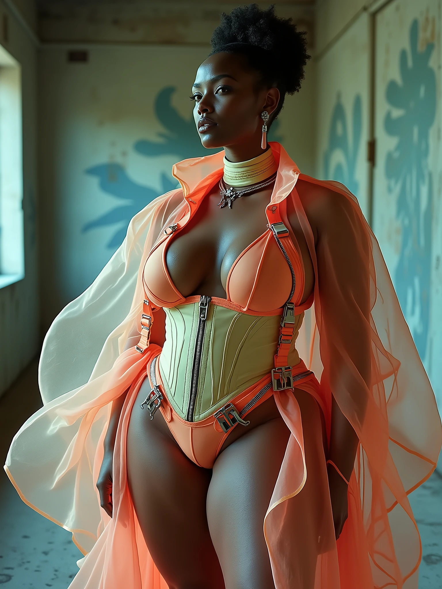 Vogue Arabia: HUGE GLUTES: PROTRUDING ASS: Nike: Versace: BULGING BUTTOCKS: large butt, AssParade: Gucci: dress couture: translucent cellophane fabric, most wide hips, corset and choker with contrasting color, 100 inch trapezoidal hips, zero degree flat stomach, thin waist, dark skin, hip dips, a cup chest, 1 inch waist, bioluminescent theme, pastel accessories: zippers belts clasps latches buckles, Definition: (highres, sharp focus, 8k uhd, ultra photo-realistic resolution), post - apocalyptic roomrooms, Film: (80 mm, shot on portra 120, anhles: front + left side, shot on Fujifilm)