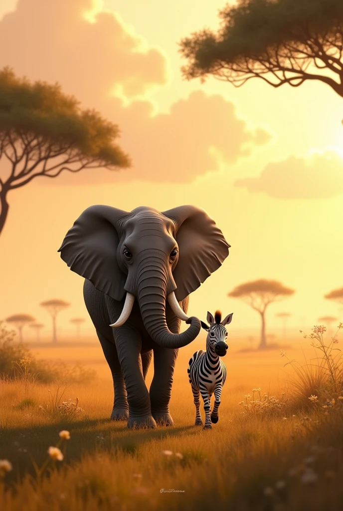 Tatu and Kibo's friendship
- Tatu and Kibo walking together, hand in paw, in the serene savannah landscape, symbolizing their strong and unlikely friendship.