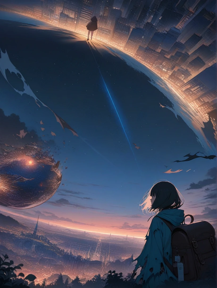 score_9, score_8_Excellent, score_7_Excellent, score_anime, masterpiece, Highest quality, Delicate illustrations, Sharp lines, Sharp focus, break, a traveling girl wandering in the endless night world, The girl is wearing a hood、There are a lot of things in the backpack, night , Wonderful landscape, Beautiful views, Harmony with Nature, Nice views, Space City, (((Torn clothes))), (((Torn hood)))