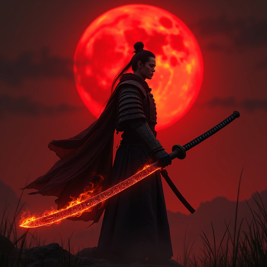 A blood moon samurai holding a magical katana with fire powers, intricate japanese engraved blade, glowing red hot edge, stylish katana hilt with dragon motif, dramatic red and orange flames surrounding blade, beautiful japanese calligraphy, ancient samurai warrior holding katana, epic fantasy concept, detailed 8k, cinematic lighting, unreal engine, highly detailed, photorealistic, photorealistic, hyper realistic, intricate details, high resolution, high quality, cinematic, depth of field,