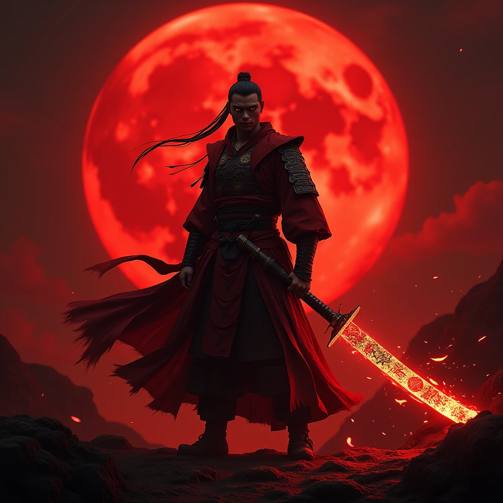 A blood moon samurai holding a magical katana with fire powers, intricate japanese engraved blade, glowing red hot edge, stylish katana hilt with dragon motif, dramatic red and orange flames surrounding blade, beautiful japanese calligraphy, ancient samurai warrior holding katana, epic fantasy concept, detailed 8k, cinematic lighting, unreal engine, highly detailed, photorealistic, photorealistic, hyper realistic, intricate details, high resolution, high quality, cinematic, depth of field,