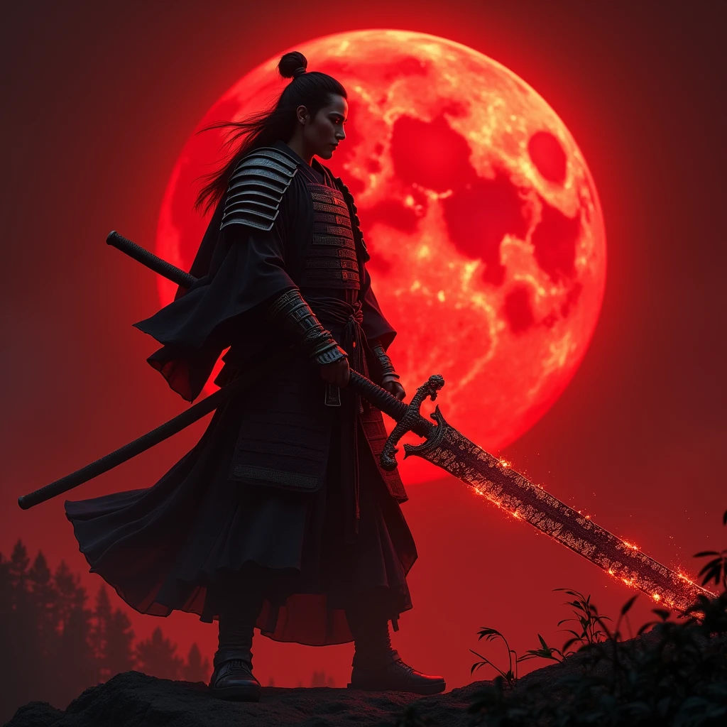 A blood moon samurai holding a magical katana with fire powers, intricate japanese engraved blade, glowing red hot edge, stylish katana hilt with dragon motif, dramatic red and orange flames surrounding blade, beautiful japanese calligraphy, ancient samurai warrior holding katana, epic fantasy concept, detailed 8k, cinematic lighting, unreal engine, highly detailed, photorealistic, photorealistic, hyper realistic, intricate details, high resolution, high quality, cinematic, depth of field,