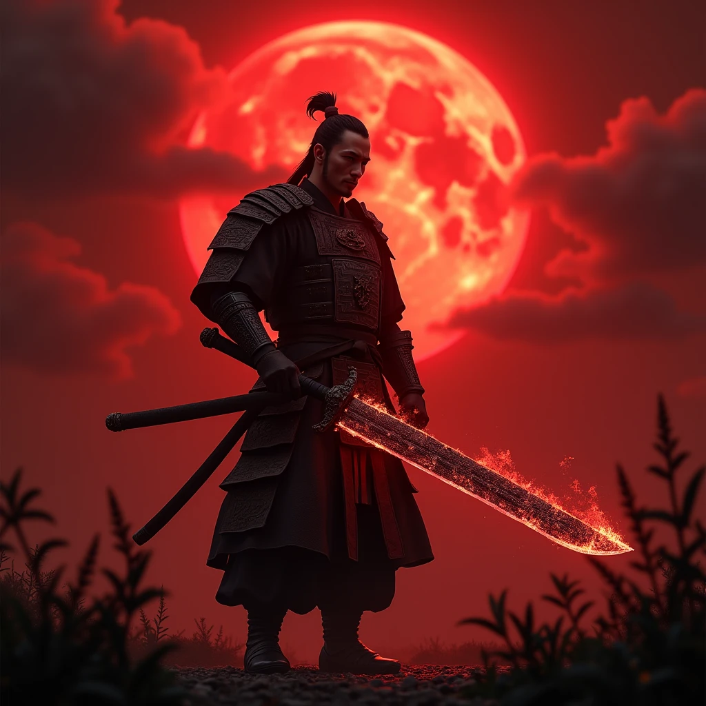 A blood moon samurai holding a magical katana with fire powers, intricate japanese engraved blade, glowing red hot edge, stylish katana hilt with dragon motif, dramatic red and orange flames surrounding blade, beautiful japanese calligraphy, ancient samurai warrior holding katana, epic fantasy concept, detailed 8k, cinematic lighting, unreal engine, highly detailed, photorealistic, photorealistic, hyper realistic, intricate details, high resolution, high quality, cinematic, depth of field,