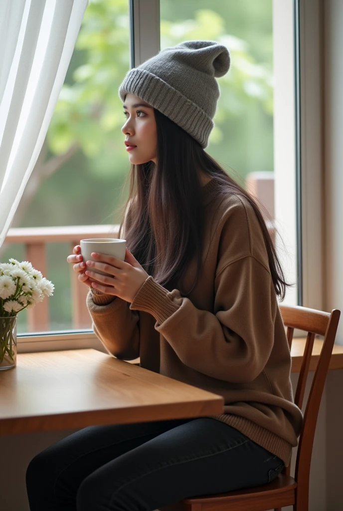 High Resolution, Masterpiece, Accurate, Best Quality, Detail, High Details, High Quality, Realistic photo, High Angle. A 2 Indonesian wife, wearing a gray beanie, a brown sweater, black jeans, long dark hair, white skin, height: 155 cm, weight: 45 kg. The image shows a young woman sitting at a wooden table in front of a window of cafe. She is wearing a gray beanie and a brown sweater. She has long dark hair and is holding a white cup of coffee in her hands. There is a small vase with white flowers on the table next to her. The window has white curtains and there is a wooden railing in the background. The overall mood of the image is peaceful and contemplative.