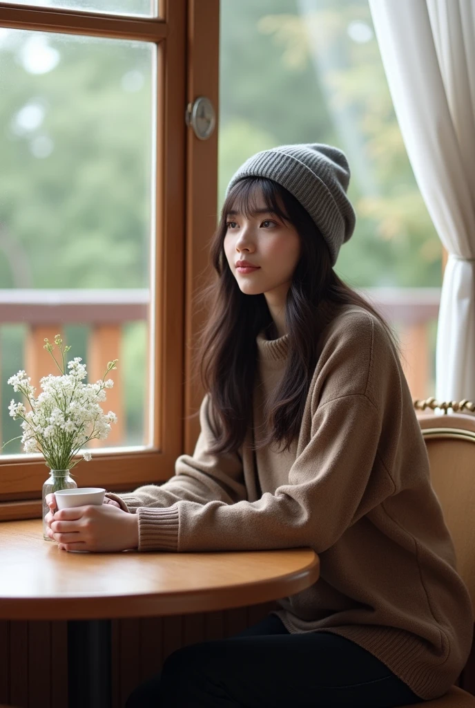 High Resolution, Masterpiece, Accurate, Best Quality, Detail, High Details, High Quality, Cinematic Grading, Realistic photo, High Angle. A 2 Indonesian wife, wearing a gray beanie, a brown sweater, black jeans, long dark hair, white skin, height: 155 cm, weight: 45 kg. The image shows a young woman sitting at a wooden table in front of a window. She is wearing a gray beanie and a brown sweater. She has long dark hair and is holding a white cup of coffee in her hands. There is a small vase with white flowers on the table next to her. The window has white curtains and there is a wooden railing in the background. The overall mood of the image is peaceful and contemplative.