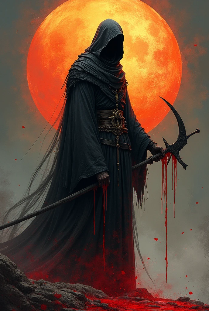 Reaper in,scyscraper,cross of dark lord, king of angmar, touch of death, Taoist robes,cultivating immortals,water ink,from the abys,self-assured,Fairy wind road bone,Blood flows in the background, big sun
