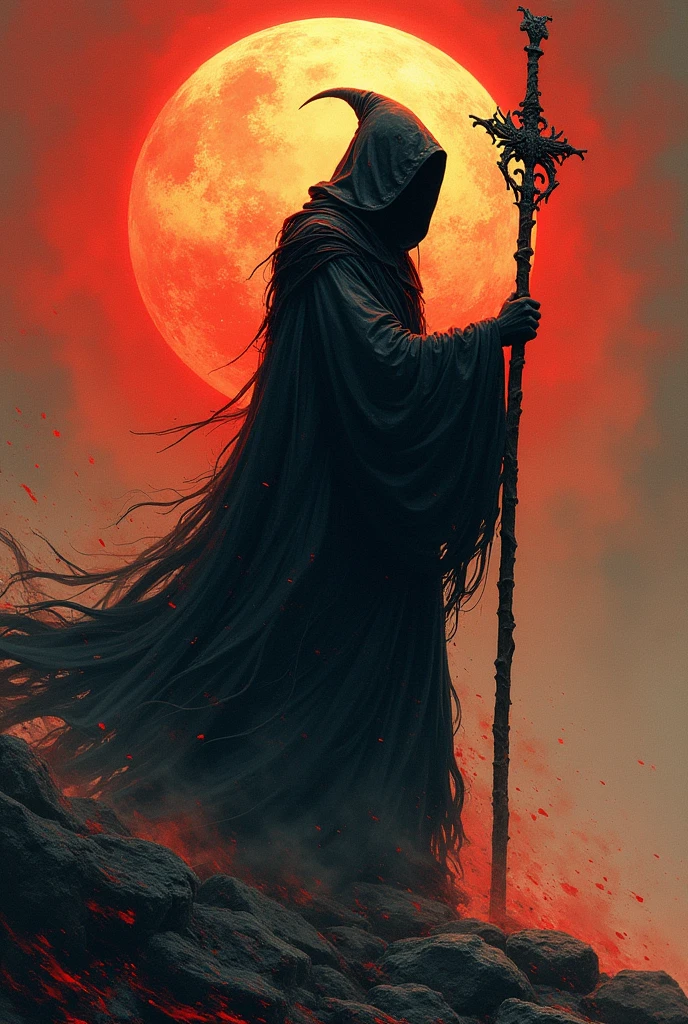 Reaper in,scyscraper,cross of dark lord, king of angmar, touch of death, Taoist robes,cultivating immortals,water ink,from the abys,self-assured,Fairy wind road bone,Blood flows in the background, big sun