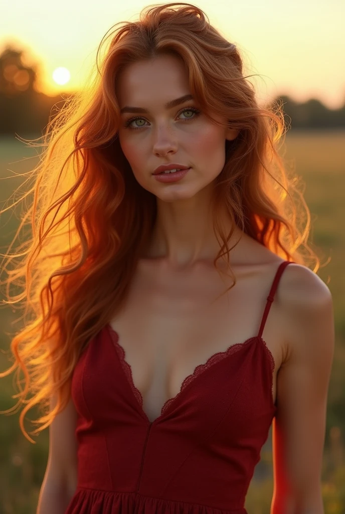 Realistic portrait of a woman with flowing auburn hair, wearing a crimson dress that complements her green eyes. She stands against a backdrop of soft, golden evening sunlight, casting a gentle warmth on her features