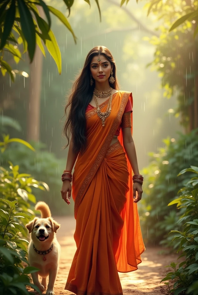 (photorealism:1.2), beautiful woman, walk to garden wearing sarees jewellery long straight hair, flower, soft lighting, nature in background, rain sunlight, cozy relaxed pose, realistic, intricate details, warm colors, by Greg and black and dog and cat both dance